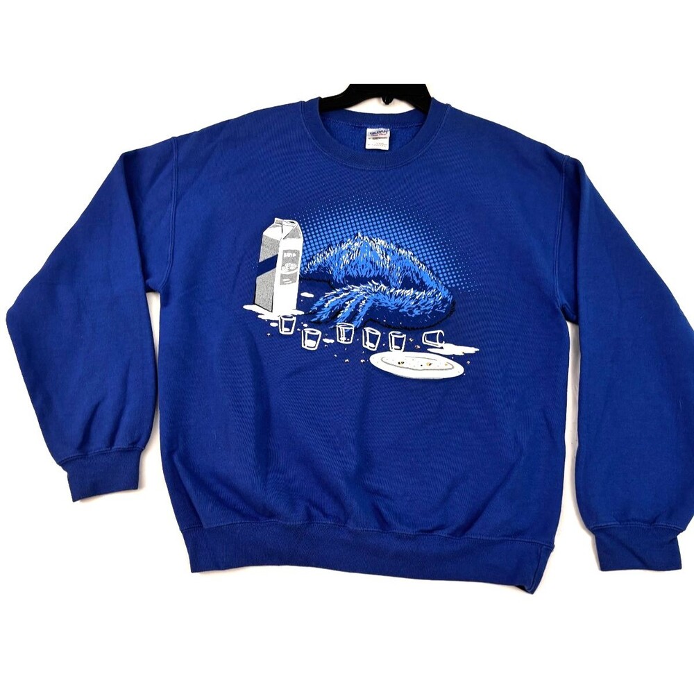Men’s L Blue Graphic Sweatshirt Milk & Cookies Cereal Wave Fluids ECR Cable Car